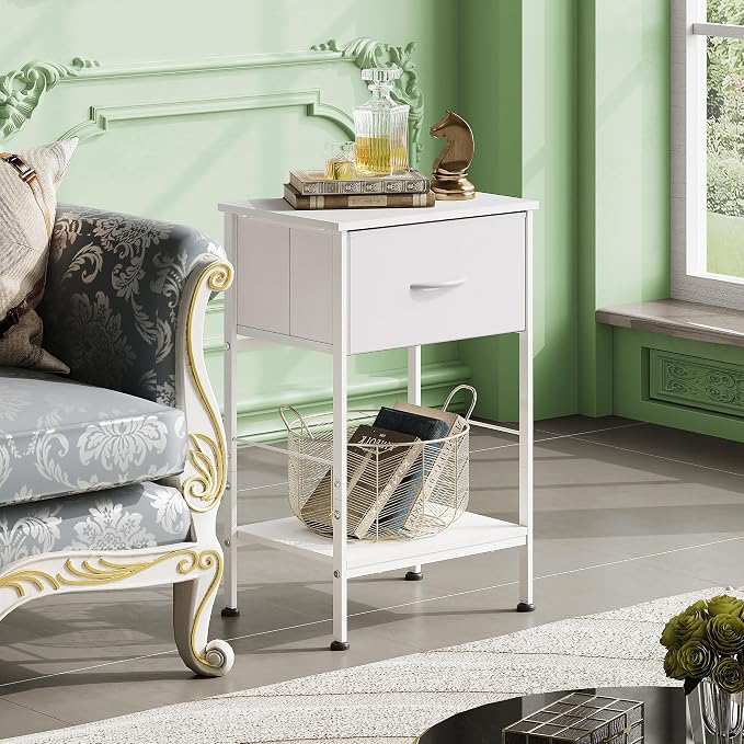 WLIVE Small White Nightstand with Drawer, Fabric Bedside Table, 25.03'' H | Night Stand with Wood Open Shelf, Small Bed Side Table for Bedroom, Dorm, Small Space, Easy Assembly