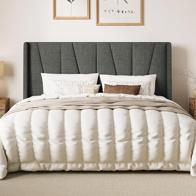 SHA CERLIN King Size Bed Frame with Geometric Wingback Headboard, Upholstered Platform Bed with, 8" Under-Bed Space, No Box Spring Needed, Easy Assembly, Grey