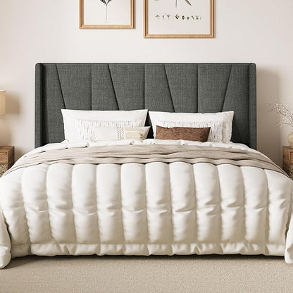 SHA CERLIN King Size Bed Frame with Geometric Wingback Headboard, Upholstered Platform Bed with, 8" Under-Bed Space, No Box Spring Needed, Easy Assembly, Grey
