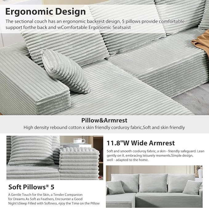 107.5" Cloud Sectional Couch with L-Shape Chaise, Modern Cloud Couch with Deep Seat, Modular Sectional Couches for Living Room, Apartment, Office, No Assembly Required