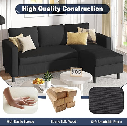 Shintenchi Modern Upholstered Sectional Sofa, L-Shaped Couch with Movable Ottoman and Reversible Chaise for Living Room, Black Corduroy Fabric