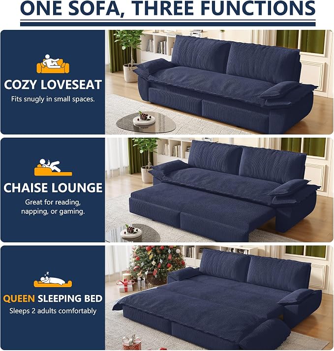 73.2" Sofa Bed Queen Size, Pull Out Couch Bed, 3-in-1 Convertible Sleeper Sofa with Cushion Armrest, Modern Corduroy Futon Couch for Living Room, Small Space, Apartment, Bedroom, Dark Blue