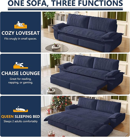 73.2" Sofa Bed Queen Size, Pull Out Couch Bed, 3-in-1 Convertible Sleeper Sofa with Cushion Armrest, Modern Corduroy Futon Couch for Living Room, Small Space, Apartment, Bedroom, Dark Blue