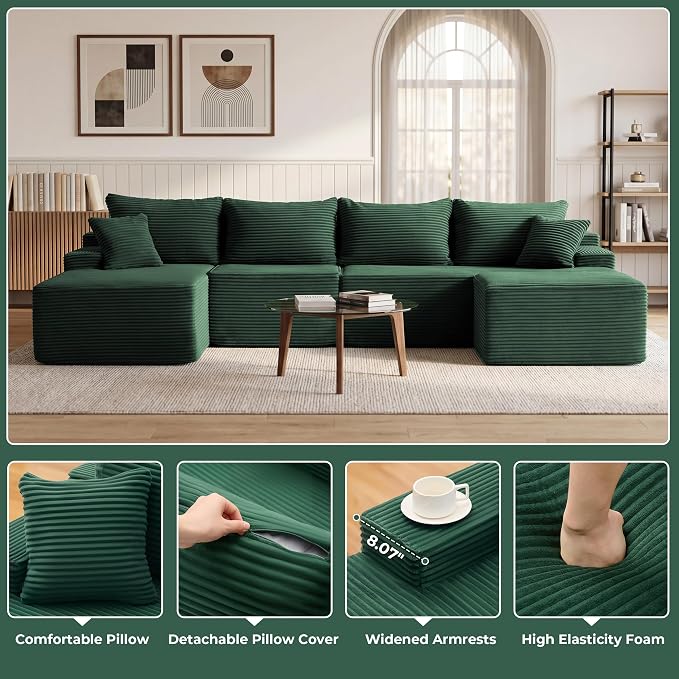Mangodan 118'' Cloud Sectional Couch, U Shaped Boneless Couches for Living Room, Modular Sectional Sofa with Deep Seat Light Facing Chaise, Comfy Cloud Couch Sofa, Green