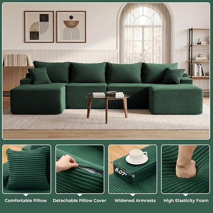 Mangodan 118'' Cloud Sectional Couch, U Shaped Boneless Couches for Living Room, Modular Sectional Sofa with Deep Seat Light Facing Chaise, Comfy Cloud Couch Sofa, Green