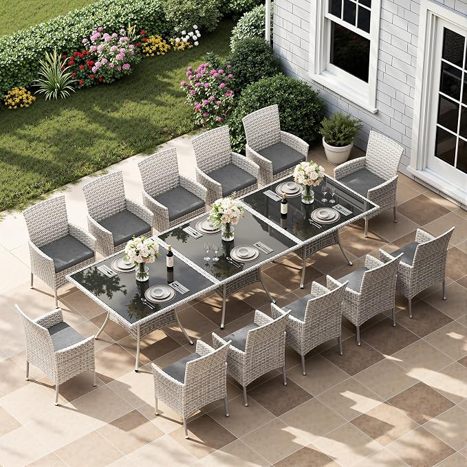 15-Piece Patio Dining Set, Patio Furniture Set with Square Tempered Glass Table & 12 Wicker Chairs, Expandable Design for Larger Groups, Outdoor Furniture for Backyard, Deck, Garden, Grey