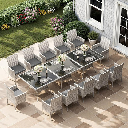 15-Piece Patio Dining Set, Patio Furniture Set with Square Tempered Glass Table & 12 Wicker Chairs, Expandable Design for Larger Groups, Outdoor Furniture for Backyard, Deck, Garden, Grey