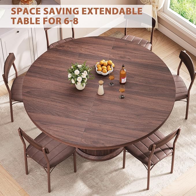 Jocoevol Extendable Round Kitchen Dining Room Table for 4-6 with 2-Tier Storage Shelf, 63'' Space Saving Expandable Wood Oval Circle Dinner Furniture with Pedestal Base (Brown)