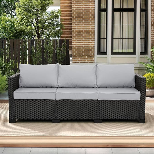 Rattaner Outdoor Furniture Outdoor Couch Patio Furniture 3-seat Sofa Deep Seat High Backrest with Waterproof Cover and Anti-Slip Cushions, Light Grey