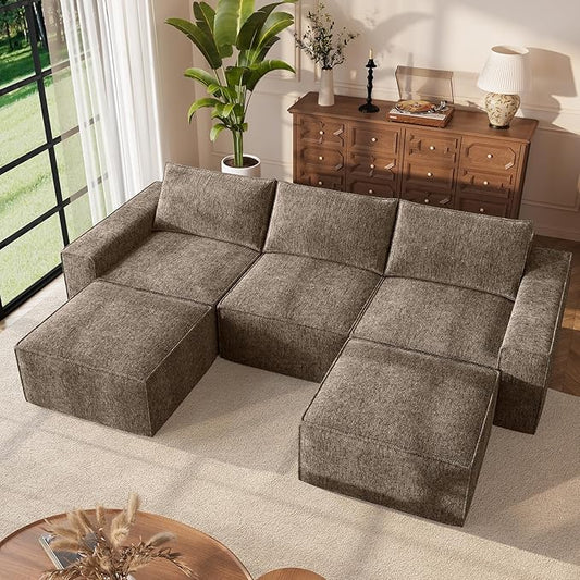 Vesgantti 114" Boneless Modular Sectional Sofa, Modern U Shaped 5 Seater Couch with 2 Ottoman & Deep Seat, Convertible Chenille Cloud Couches for Living Room, No Assembly Required, Dark Brown