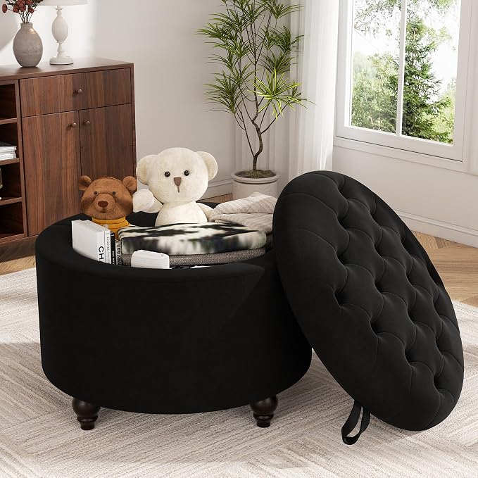 24 Inch Round Storage Ottoman,Modern Tufted Ottomans,Circular Coffee Table with Removable Top,Upholstered Large Ottoman with Storage Footrest Stool for Bedroom Living Room (Black)
