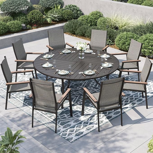 PHI VILLA Outdoor Dining Set for 8, Round Patio Table and Chairs Set, 9 Piece Patio Furniture Set with Metal Table & Lightweight Stackable Chairs for Deck Yard Garden