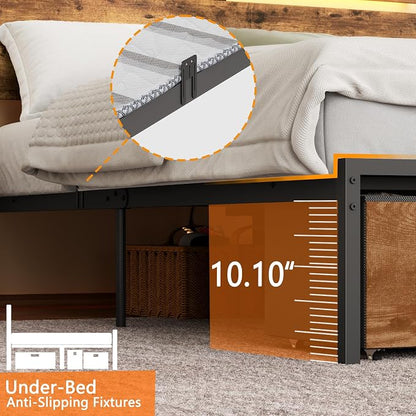 Forestell Full Size Bed Frame with Wood Headboard, Metal Platform Bed with 2 Storage Drawers & Shelf, Built in Charging Station & LED Lights, No Box Spring Needed, Vintage Brown, Camas Full