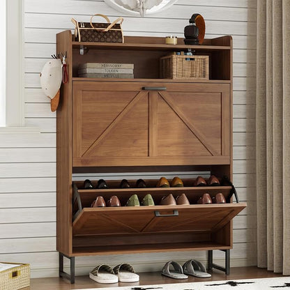 BORNOON Shoe Cabinet with 2 Flip Drawers Narrow Shoe Storage Cabinet Organizer Wooden Freestanding Rack Hidden Slim Storage for Entryway, Hallway, Living Room, Bedroom