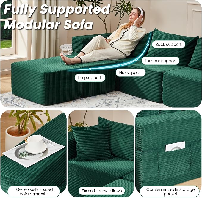 HOMREST 131" Cloud Couch Sectional, U Shaped Modern Sofa with 2 Ottomans, Comfy Corduroy Fabric Modular Sectional Sofa in a Box, Boneless Couches for Living Room, No Assembly Required (Green)