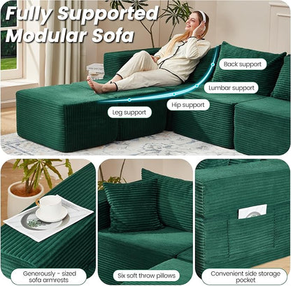 HOMREST 131" Cloud Couch Sectional, U Shaped Modern Sofa with 2 Ottomans, Comfy Corduroy Fabric Modular Sectional Sofa in a Box, Boneless Couches for Living Room, No Assembly Required (Green)