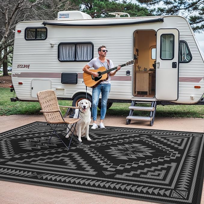 GENIMO Outdoor Rug for Patio Clearance - 5x8 ft Waterproof Plastic Camping Rugs, Reversible Outside Rv Mat Carpet for Porch, Deck, Picnic, Balcony, Beach, Backyard, Black Grey