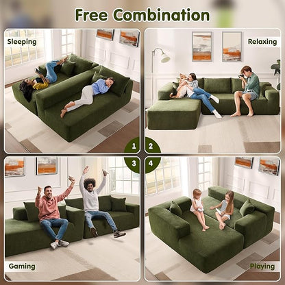 ovios 104" Cloud Boneless Couch with L-Shape Chaise,Modern Sectional Modular Sofa with Deep Seat, Upholstered Couches for Living Room Bedroom,No Assembly Required, Green (Cloud Velvet)