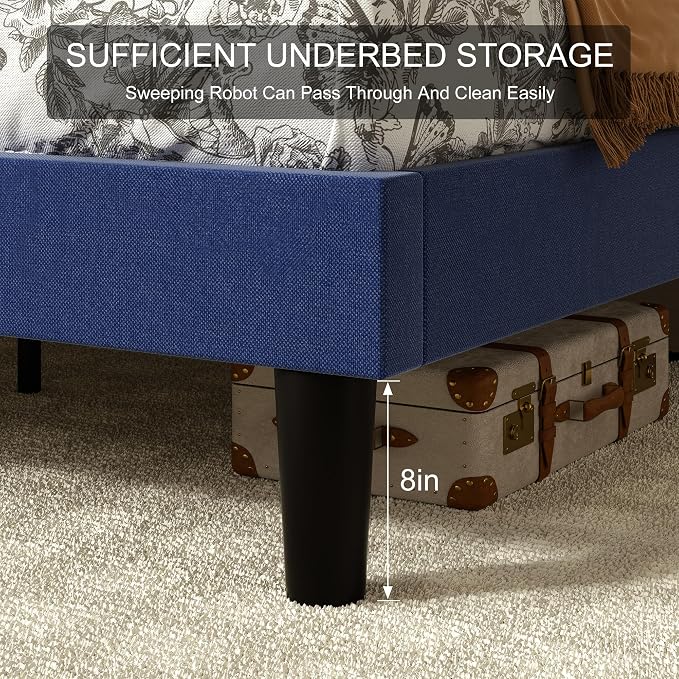 VECELO Twin Size Upholstered Platform Bed Frame with Adjustable Headboard, Wood Slat Support and Noise-Free, No Box Spring Needed, Easy Assembly, Dark&Blue