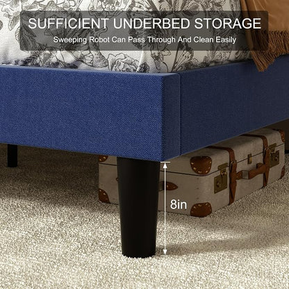 VECELO Twin Size Upholstered Platform Bed Frame with Adjustable Headboard, Wood Slat Support and Noise-Free, No Box Spring Needed, Easy Assembly, Dark&Blue