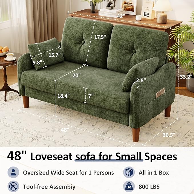Vipbear 48" Loveseat Sofa,Modern Small Couches for Small Spaces,Green Chenille Love Seat Couch for Living Room,Bedroom,Apartment,Office,Deep Seat,Throw Pillow,Side Pockets,Curved Armrest