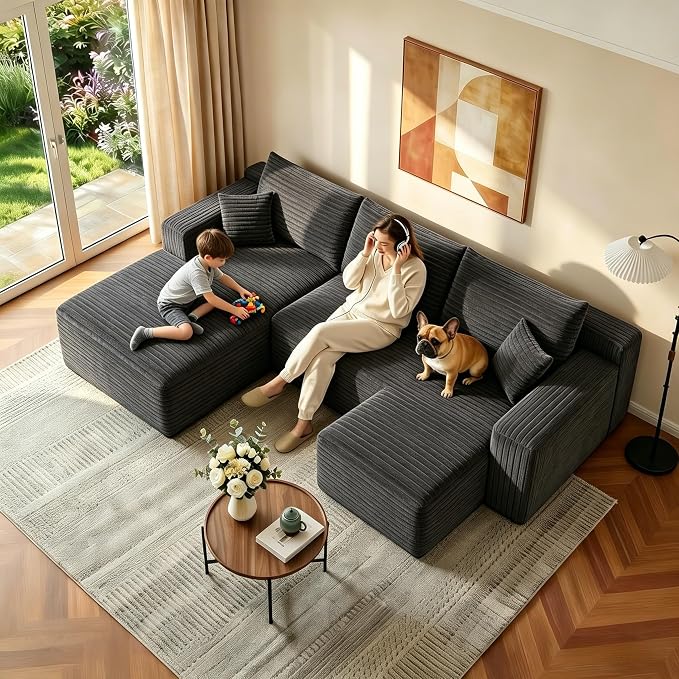 JINGLING 94" U Shaped Boneless Sectional Couch Set for Living Room, Plush Corduroy Modular Sofa with Ottoman, Small Space Apartment Couch, No Assembly, Left Facing Chaise, Dark Grey