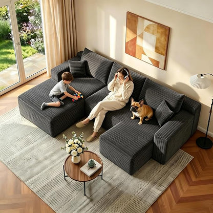 JINGLING 94" U Shaped Boneless Sectional Couch Set for Living Room, Plush Corduroy Modular Sofa with Ottoman, Small Space Apartment Couch, No Assembly, Left Facing Chaise, Dark Grey