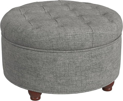 HomePop 25" Button Tufted Round Storage Ottoman - Gray Woven