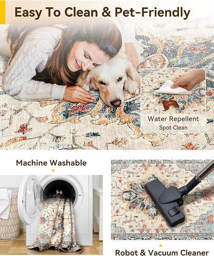 RELEANY Area Rugs 6'x9' Washable Non-Slip, Floral Vintage Distress Medallion Carpet for Living Room Bedroom Dining Room, Beige Navy Blue Orange Colorful