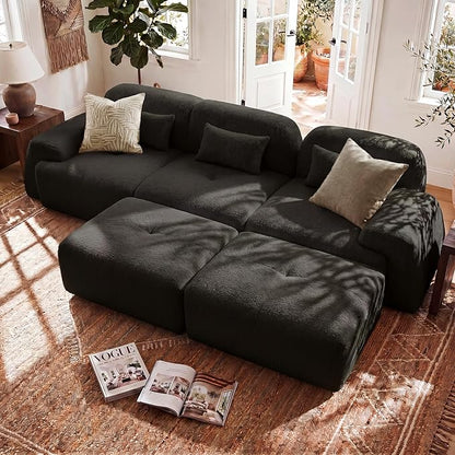 118'' Modular Sectional Cloud Couch Boneless Couches, Oversize Curved Sectional Couches for Living Room, Deep Seat Couch Lambswool Sofa with Ottoman & Throw Pillows, No Assembly, HR Foam