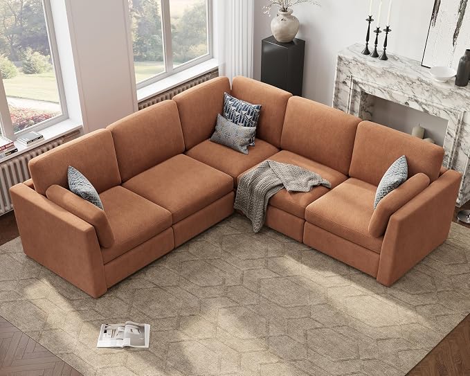 Oversized Modular Sectional Sofa V-Shaped Cloud Couches Brown | 109'' Deep Seat Couch for Living Room, 5-Seater Luxury Comfortable Corner sofa, Solid Wood Frame, Removable Washable Cover