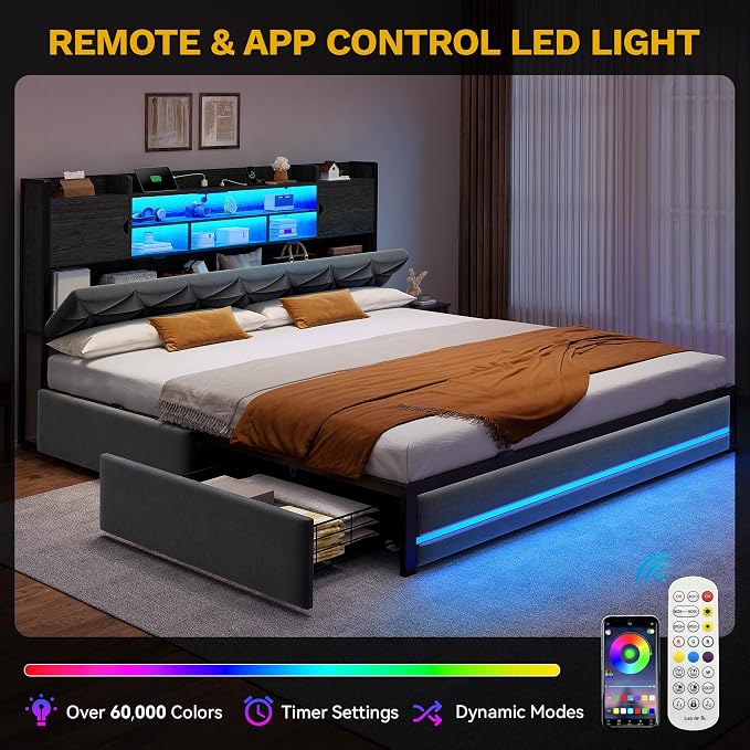 DWVO King Size Bed Frame with RGB LED Lights & Storage Bookcase Headboard, Upholstered Bed with Charging Station and 4 Drawers, No Box Spring Needed, Easy Assembly, Noise-Free, Velvet Dark Grey