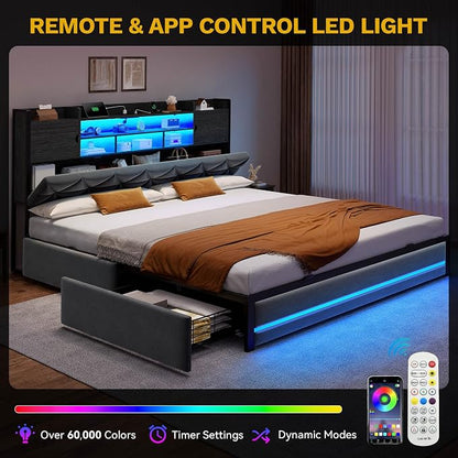 DWVO King Size Bed Frame with RGB LED Lights & Storage Bookcase Headboard, Upholstered Bed with Charging Station and 4 Drawers, No Box Spring Needed, Easy Assembly, Noise-Free, Velvet Dark Grey