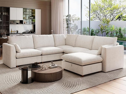 Ihanherry 111" Oversized Modular Sectional Sofa, Modern V Shaped Cloud Couch with Storage Ottoman, 6-Seat Comfy Chenille Deep Seat Sofa with 2 Pillows for Living Room, Beige