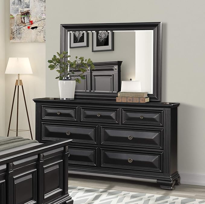 Roundhill Furniture Renova Vintage Black Wood Bedroom Set, Queen Panel Bed, Dresser, Mirror, Two Nightstands