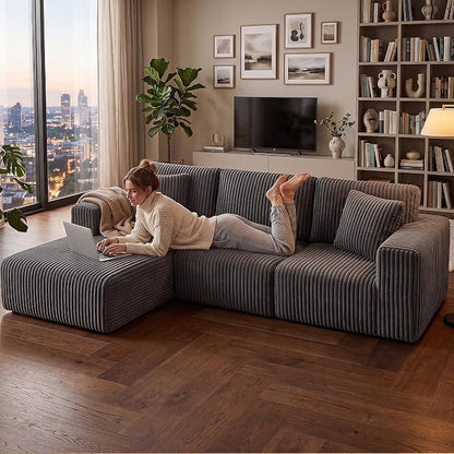GRUSIGN 107'' Cloud Sectional Boneless Couches for Living Room, Modular L Shaped Couch with Deep Seat Oversized Left Facing Chaise, Memory Foam Compressed Spineless 3 Seater Sofa, Wide-Striped Grey
