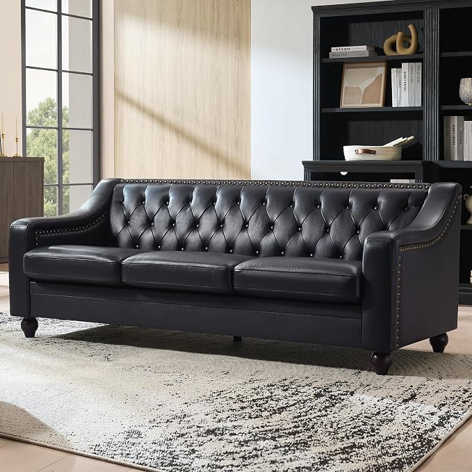 AMERLIFE 80" Leather Sofa, Modern Chesterfield Genuine Leather Sofa, Tufted 3 Seater Black Leather Couch with Curved Arms, Leather Couches for Living Room