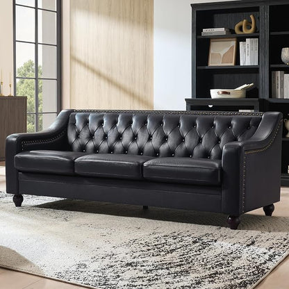 AMERLIFE 80" Leather Sofa, Modern Chesterfield Genuine Leather Sofa, Tufted 3 Seater Black Leather Couch with Curved Arms, Leather Couches for Living Room