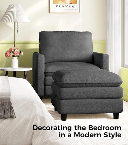 Welzona 3-Layers Cloud Accent Chair with Ottoman, 33" Comfy Reading Chair for Bedroom, Living Room, Tool-Free Assembly with Teddy Fabric Arm Chairs and Ottoman Set, Grey, Removable Washable Cover