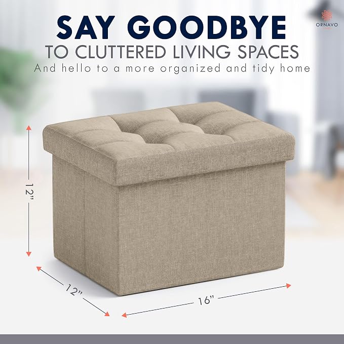 Ornavo Home Small Storage Ottoman Foldable Collapsible Rectangle Linen Ottoman Foot Rest Stool Seat, for Living Room, Bedroom, Home Office, Dorm - 12 x 16 x 12, Taupe