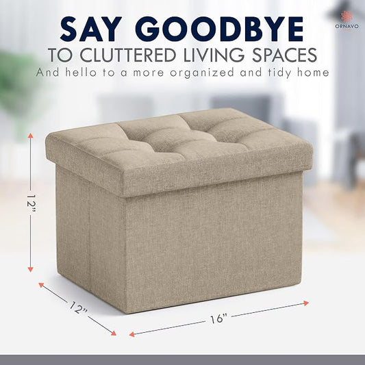 Ornavo Home Small Storage Ottoman Foldable Collapsible Rectangle Linen Ottoman Foot Rest Stool Seat, for Living Room, Bedroom, Home Office, Dorm - 12 x 16 x 12, Taupe