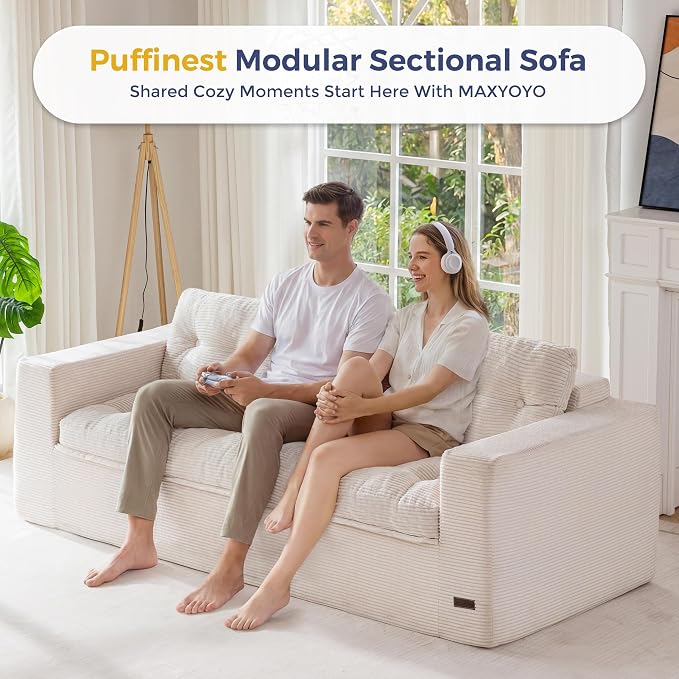 MAXYOYO 79" Loveseat Sofa Couch for Small Spaces, Upholstered Boneless Cloud Couch for Apartment Bedroom, 3-Seater Love Seat Floor Modern Sofa with Pillows, No Assembly Required, Beige