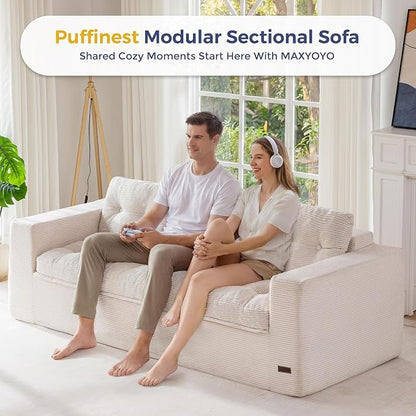 MAXYOYO 79" Loveseat Sofa Couch for Small Spaces, Upholstered Boneless Cloud Couch for Apartment Bedroom, 3-Seater Love Seat Floor Modern Sofa with Pillows, No Assembly Required, Beige