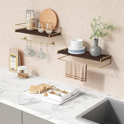 Floating Shelves Bathroom Shelves Over Toilet Set of 2, Bathroom Wall Shelves with Towel Bar, Wall Mounted Vanity Shelf for Bedroom, Kids Room, Kitchen (Brown & Gold)