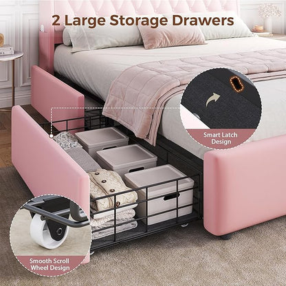 Queen LED Velvet Bed Frame with 2 Storage Drawers&Hidden Headboard, Upholstered Platform Bed with Charging Station&Button Tufted Design, Wooden Slats Support, Box Spring Optional, Easy Assembly, Pink