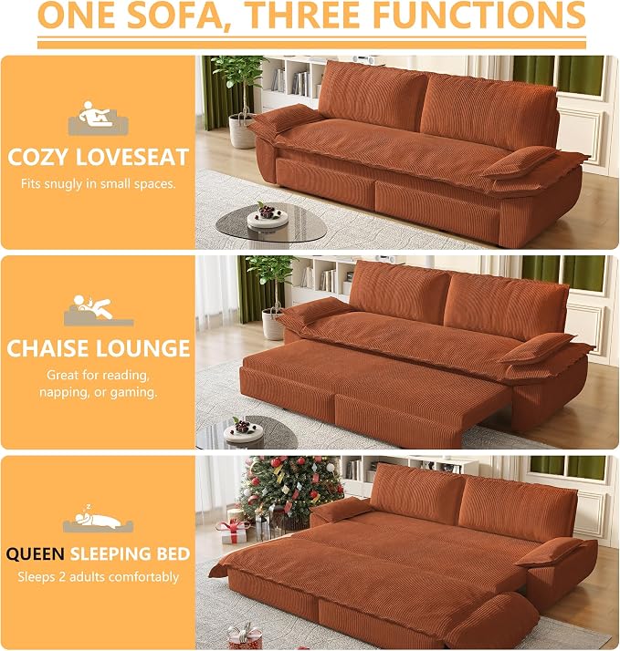 73.2" Sofa Bed Queen Size, Pull Out Couch Bed, 3-in-1 Convertible Sleeper Sofa with Cushion Armrest, Modern Corduroy Futon Couch for Living Room, Small Space, Apartment, Bedroom, Orange