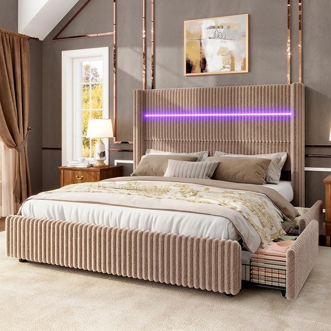 Jocisland Queen Size Corduroy Upholstered Bed Frame with 4 Storage Drawers & 51.2" Tall Wingback Headboard, LED Platform Bed with Charging Station, Easy Assembly, No Box Spring Needed, Dark Khaki