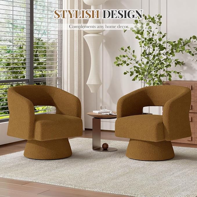 Luxanimarion Swivel Barrel Accent Chair,Oversized Teddy Upholstered Round Swivel Chair,Modern Luxury 360 Degree Living Room Vanity Chair for Bedroom Office,Brown,4PCS