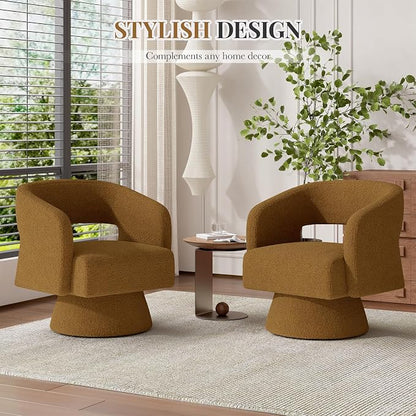 Luxanimarion Swivel Barrel Accent Chair,Oversized Teddy Upholstered Round Swivel Chair,Modern Luxury 360 Degree Living Room Vanity Chair for Bedroom Office,Brown,4PCS