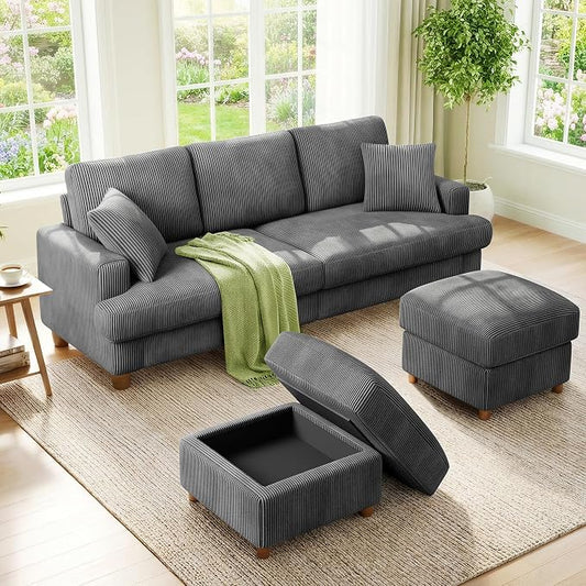 Kidirect 87in U Shaped Couch, Modular Sofa No Tool Assembly, Comfy Sectional Couches for Living Room 21in Deeper Seats, Corduroy Sofas for Living Room with 2 Pillows, Loveseat Sofa Set, Grey Couch